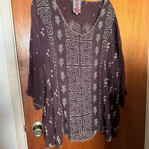 Johnny Was Brown Embroidered Rayon Blouse sz Large loose fit